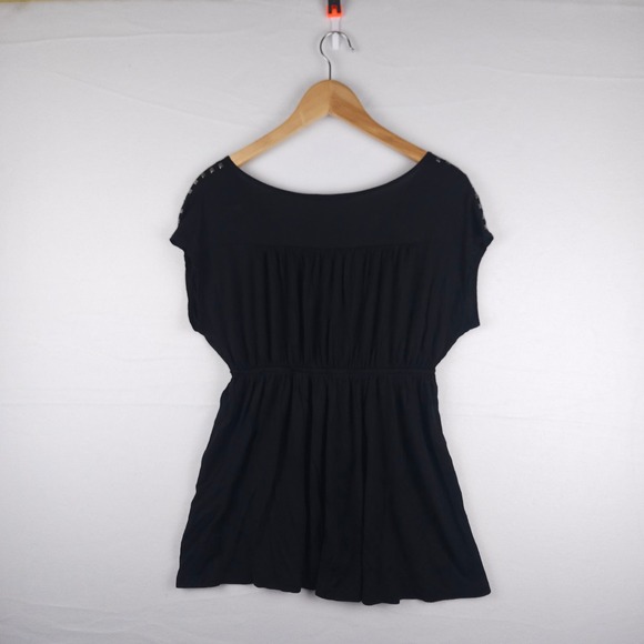 Soprano Black Studded Shoulder V Neck Elastic Waist Cap Sleeve Top Womens L - Picture 5 of 5